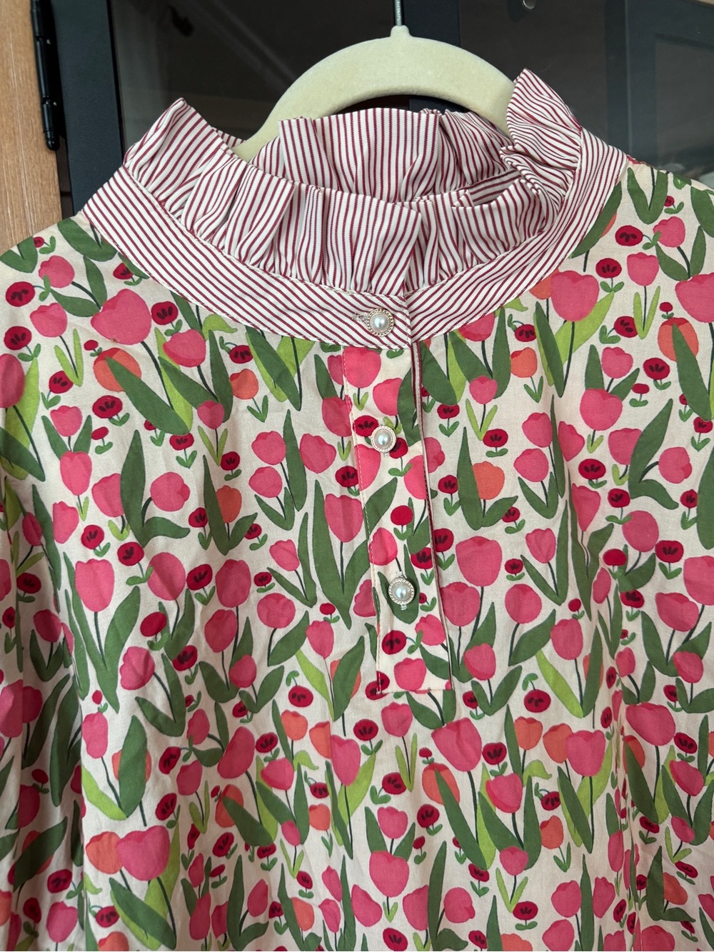 NWOT Jodifl ruffle mockneck Floral print tulips Button-Up Puff Sleeve Top Stripe - Picture 9 of 10